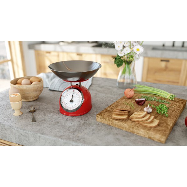 Cantar mecanic de bucatarie ETA Storio 5777 ROSU, 5 kg, precizie 25g, vas 5 L din otel inoxidabil