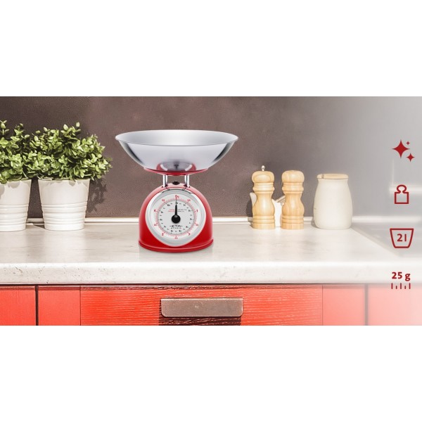Cantar mecanic de bucatarie ETA Storio 5777 ROSU, 5 kg, precizie 25g, vas 5 L din otel inoxidabil