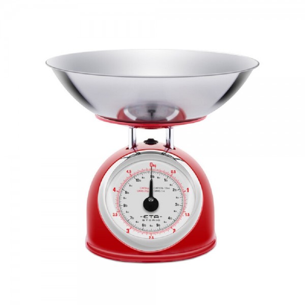 Cantar mecanic de bucatarie ETA Storio 5777 ROSU, 5 kg, precizie 25g, vas 5 L din otel inoxidabil