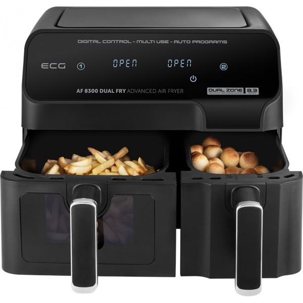 Friteuza dubla cu aer cald ECG AF 8300 Dual Fry, 5.2 + 3.1 litri, 2700 W, 8 programe, control temperatura 80-200°C