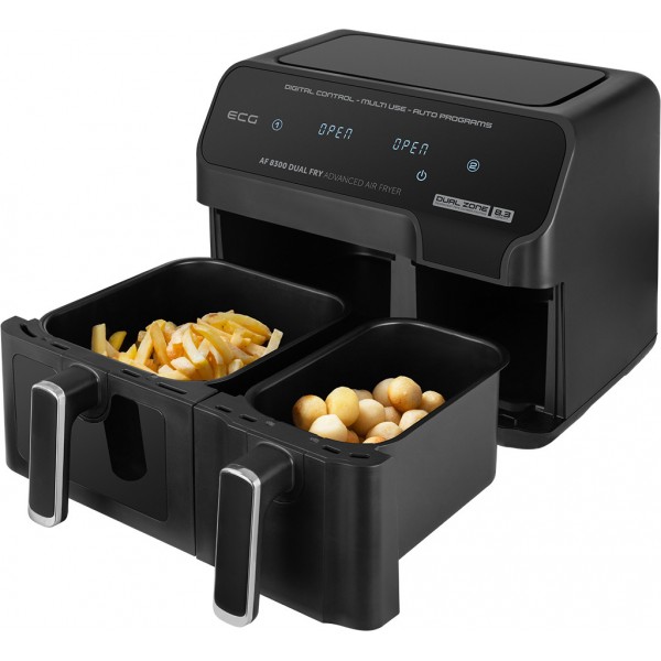 Friteuza dubla cu aer cald ECG AF 8300 Dual Fry, 5.2 + 3.1 litri, 2700 W, 8 programe, control temperatura 80-200°C