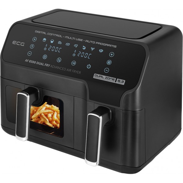 Friteuza dubla cu aer cald ECG AF 8300 Dual Fry, 5.2 + 3.1 litri, 2700 W, 8 programe, control temperatura 80-200°C
