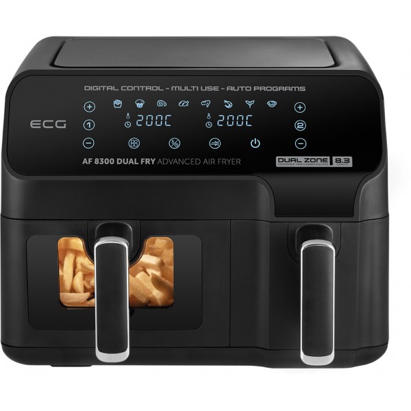Friteuza dubla cu aer cald ECG AF 8300 Dual Fry, 5.2 + 3.1 litri, 2700 W, 8 programe, control temperatura 80-200°C