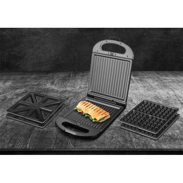 Sandwich maker grill ECG S 4310, 1200 W, 3 tipuri de placi interschimbabile 23 x 23 cm, unghi deschidere 105° Sandwich maker grill ECG S 4310, 1200 W, 3 tipuri de placi interschimbabile 23 x 23 cm, unghi deschidere 105°