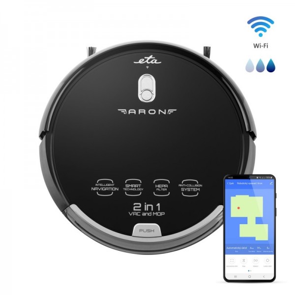 Robot aspirator cu mop ETA Aron 2512 90000, Wi-Fi, baterie Li-Ion 14.4 V, 300 ml, autoincarcare, navigare giroscopica, negru