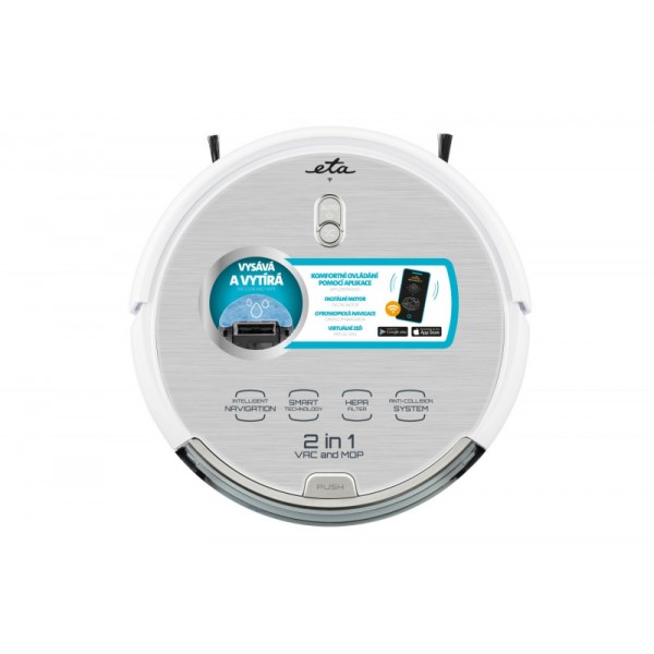 Robot aspirator cu mop ETA Aron 3512 90000, Wi-Fi, baterie Li-Ion 14.4 V, 300 ml, autoincarcare, navigare giroscopica, alb