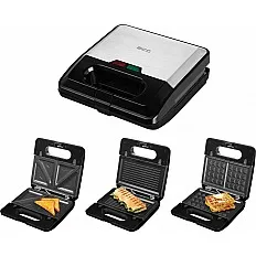 Sandwich-maker ECG S3173 3in1 Triangle, 750W, 3 tipuri de placi detasabile, negru-otel inoxidabil