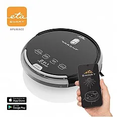 Robot aspirator cu mop ETA Aron 2512 90000, Wi-Fi, baterie Li-Ion 14.4 V, 300 ml, autoincarcare, navigare giroscopica, negru
