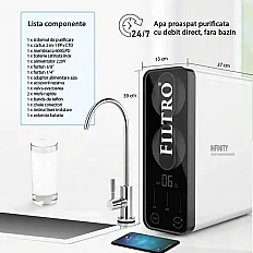Sistem de osmoză inversă FILTRO INFINITY DF600, debit direct 600 GPD fără bazin, 6 stadii de filtrare, pompă booster inclusă și display cu monitorizare TDS