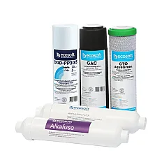 Set 5 cartușe filtrante Ecosoft Alkafuse pentru osmoză inversă, microfiltrare 1 micron, remineralizare și creștere pH, mufă rapidă, standard 10 inch, durată 6 luni