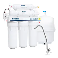 Sistem de osmoză inversă Ecosoft Standard, 5 stadii de filtrare, membrană 50 GPD, bazin de stocare 12 litri inclus, funcționare fără electricitate
