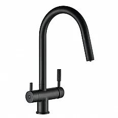 Baterie bucatarie cu 3 cai Premier Extend Black, finisaj negru mat, duș extractibil, pipa pivotanta 180°, cartuș ceramic, flux separat apa filtrata si menajera
