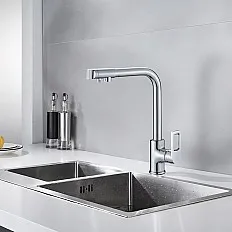 Baterie bucatarie cu 3 cai Premier 3CC TOP, finisaj cromat din inox, pipa pivotanta 360°, comanda dubla si cartus ceramic, pentru apa rece, calda si filtrata