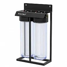 Carcasa filtru dubla transparenta FILTRO BIG CLEAR 20 TWIN, conexiune 1 inch alama, cadru metalic, supapa eliberare presiune, cartus 4.5x20 inch, 2 stadii filtrare
