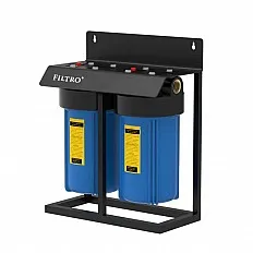 Set carcase filtrare FILTRO BIG BLUE 10 TWIN, cu 2 stadii, conexiune 1 inch alama, supapa eliberare presiune, cadru metalic si cheie, cartus 4.5x10 inch, debit 35 l/min