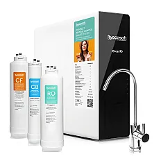 Purificator apa cu osmoza inversa Ecosoft Cross90, membrana 600 GPD, 4 stadii de filtrare, fara bazin cu debit direct 1.5 l/min, pompa booster inclusa si baterie cu indicator schimb consumabile