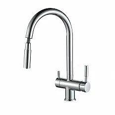Baterie bucatarie cu 3 cai Premier Extend, finisaj cromat inox, dus extractibil, pipa pivotanta 180°, cartus ceramic, alimentare separata apa filtrata si apa menajera rece/calda