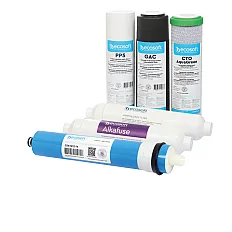 Set cartușe filtrante Ecosoft Alkafuse 6 stadii, osmoză inversă cu membrană 75 GPD, remineralizare și creștere pH, standard 10 inch, conectori rapizi 1/4