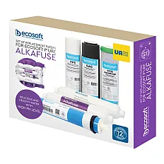 Set cartușe filtrante Ecosoft Alkafuse 6 stadii, osmoză inversă cu membrană 75 GPD, remineralizare și creștere pH, standard 10 inch, conectori rapizi 1/4