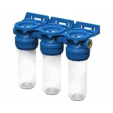 Set 3 carcase filtrare transparente FILTRO Triplex TPP3P, conexiune alama 3/4 inch, presiune maxima 8 bar
