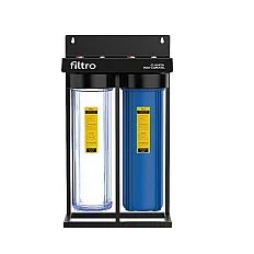 Carcasa filtru apa FILTRO BIG BLUE 20 TWIN MIX, set 2 bucati, conexiune 1 inch alama, filtrare mecanica in 2 stadii, cadru metalic, supapa presiune si cheie incluse
