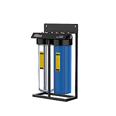 Carcasa filtru apa FILTRO BIG BLUE 20 TWIN MIX, set 2 bucati, conexiune 1 inch alama, filtrare mecanica in 2 stadii, cadru metalic, supapa presiune si cheie incluse