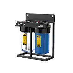 Set 2 carcase filtrare FILTRO BIG BLUE 10 TWIN MIX, conexiune 1 inch alama, supapa eliberare presiune, cadru metalic, 2 stadii filtrare mecanica, debit 35 l/min, dimensiune cartus 4.5x10 inch