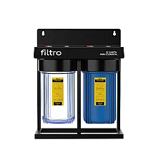 Set 2 carcase filtrare FILTRO BIG BLUE 10 TWIN MIX, conexiune 1 inch alama, supapa eliberare presiune, cadru metalic, 2 stadii filtrare mecanica, debit 35 l/min, dimensiune cartus 4.5x10 inch