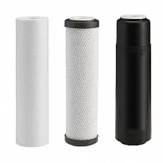 Cartuse filtrante de schimb Ecosoft FL-SET3-ECONOMIC, set 3 stadii 10 inch, polipropilena 5 microni, carbune activat bloc si granular, pentru filtrare apa rece la chiuveta