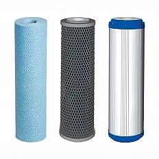 Cartuse filtrante Aquafilter set 3 bucati, seria argint antibacteriana, polipropilena BACinix, carbon bloc si granular cu KDF, microfiltrare 5 microni, dedurizare, compatibile sisteme 10 inch