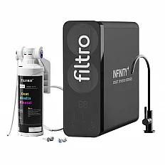 Sistem osmoză inversă direct flow FILTRO INFINITY+ DF1000-ALK3, 1000 GPD, 6 stadii filtrare, remineralizare ALK3, pompă booster, display TDS, debit 2.6 l/min, fără bazin