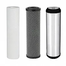 Cartușe filtrante Aquafilter FL-SET3-STD, set 3 stadii 10 inch, polipropilenă 5 microni, carbune activat bloc și granular, filtrare sedimente și clor