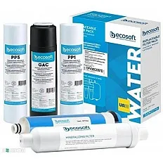 Set 5 cartuse filtrare Ecosoft cu membrana osmoza inversa 50 GPD, prefiltrare in 5 stadii, mineralizare si mufe rapide, compatibil sisteme Ecosoft Standard si Pure