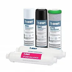 Cartușe filtrante osmoză inversă Ecosoft Balance Pink, set 5 stadii cu remineralizare Ca+Mg, filtrare 1 micron, standard 10 inch, mufă rapidă, durată 6 luni