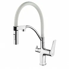 Baterie de bucatarie cu 3 cai Premier 3074C Bridge, finisaj alb crom lucios, pipa pivotanta 180 grade cu dus, cartus ceramic, alimentare separata apa filtrata si menajera