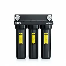 Sistem de filtrare cu 3 carcase FILTRO BIG BLACK 20 TRIO, conexiune 1 inch din alama, cadru metalic si manometre intrare-iesire, filtrare in 3 stadii, cartuse 4.5x20 inch