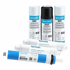 Set cartușe filtrante Ecosoft SET6 Standard, 6 stadii osmoză inversă, membrană 50 GPD, remineralizare, mufe rapide 1/4