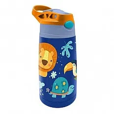 Sticlă termos inox AquaMax FILTRO KiDS Jungle, 450 ml, finisaj mat albastru, sistem antipicurare, fără BPA