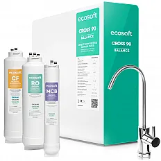 Sistem de osmoza inversa cu debit direct Ecosoft Cross90 Balance, membrana 600 GPD, 4 stadii de filtrare, pompa booster inclusa, remineralizare cu calciu, cartuse twist si indicator schimb consumabile