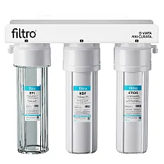 Sistem de filtrare apa sub chiuveta FILTRO Standard MF3, 3 stadii cu cartuse clasice, ultrafiltrare 1 micron, carcasa transparenta din plastic BPA Free, baterie inclusa