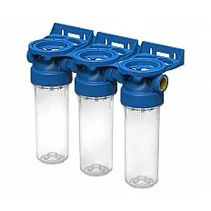 Set 3 carcase filtrare transparente Ecosoft 2P ECO Triplex 10 inch, conexiune alama 3/4 inch, intrare-iesire pe fiecare unitate