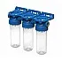 Set 3 carcase filtrare transparente Ecosoft 2P ECO Triplex 10 inch, conexiune alama 3/4 inch, intrare-iesire pe fiecare unitate