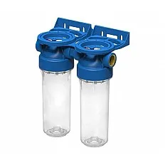 Set 2 carcase filtrare transparente Ecosoft 2P ECO Duplex 10 inch, conexiune alama 3/4 inch, fabricate in Italia