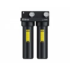 Set 2 carcase filtrare FILTRO BIG Black 20 TWIN, conexiune 1 toli cu filet alama, manometre, garnituri duble, supapa presiune si cadru metalic