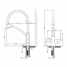 Baterie de bucatarie cu 3 cai Premier Flex Bridge, finisaj negru crom, teava flexibila cu dus, flux separat pentru apa filtrata si apa menajera rece si calda