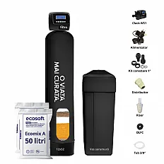 Sistem automat de tratare a apei 5-in-1 Clack WS1 PROMIX, valvă volumetrică 1 inch, tank simplex 12x52, rășină Ecomix A 50 litri, debit 2.9 m3/oră, dedurizare, deferitizare și demanganizare