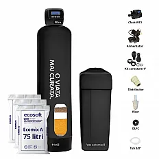 Stație automată dedurizare 5-in-1 Clack WS1 PROMIX, valvă volumetrică Clack CE 1 inch, rășină Ecomix A 75L, tank simplex 14x65, debit 4.0-5.0 m3/oră, funcții deferitizare și demanganizare