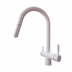 Baterie bucatarie cu 3 cai Premier Extend White, finisaj alb, furtun extensibil cu dus, flux separat pentru apa filtrata si apa menajera rece si calda