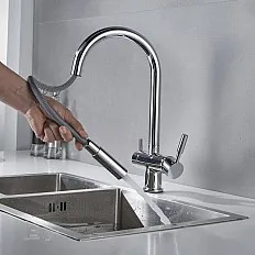 Baterie 3 căi Premier Extend Satin, finisaj crom lucios, furtun extensibil cu duș, flux separat pentru apă filtrată și apă menajeră rece și caldă