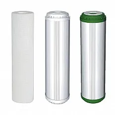 Set 3 cartuse filtrare Aquafilter FL-SET3-DED, dedurizare cu eliminare fier, carbune activat granular cu KDF, 5 microni, dimensiune 2.5x10 inch, 3 stadii de filtrare pentru apa rece